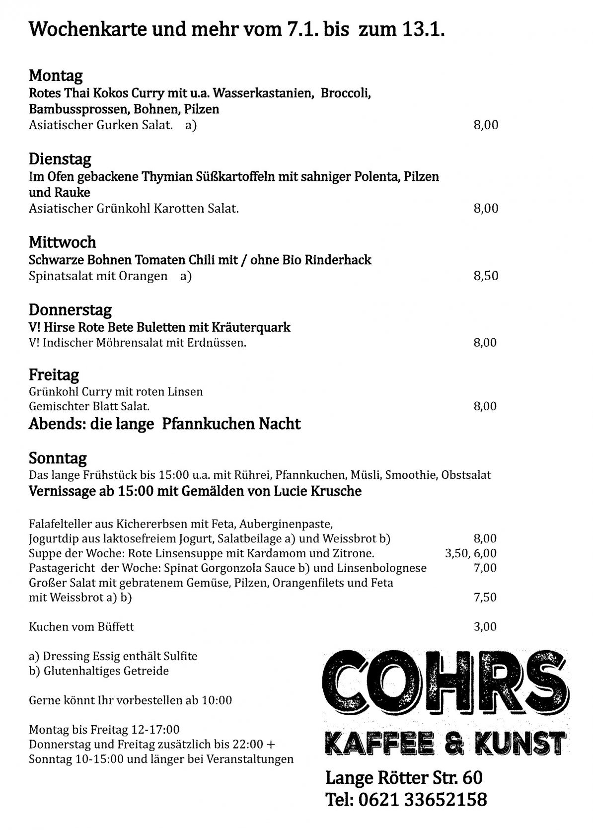 Wochenkarte Mittagstisch und mehr vom 7.1. bis zum 13.1. COHRS
