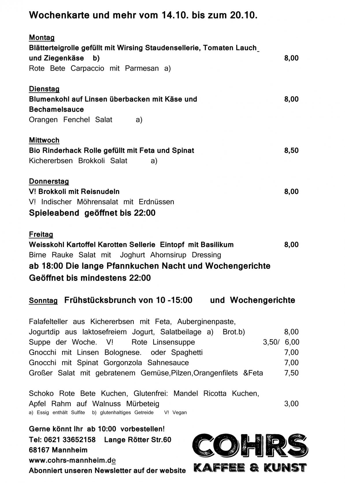 Wochenkarte Mittagstisch und mehr vom 14.10. bis zum 20.10. COHRS