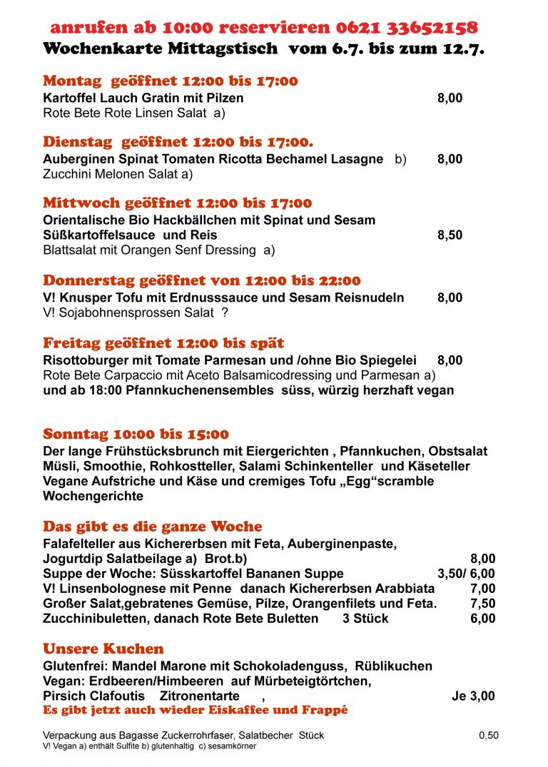 Wochenkarte Mittagstisch und mehr vom 6.7. bis zum 12.7. COHRS